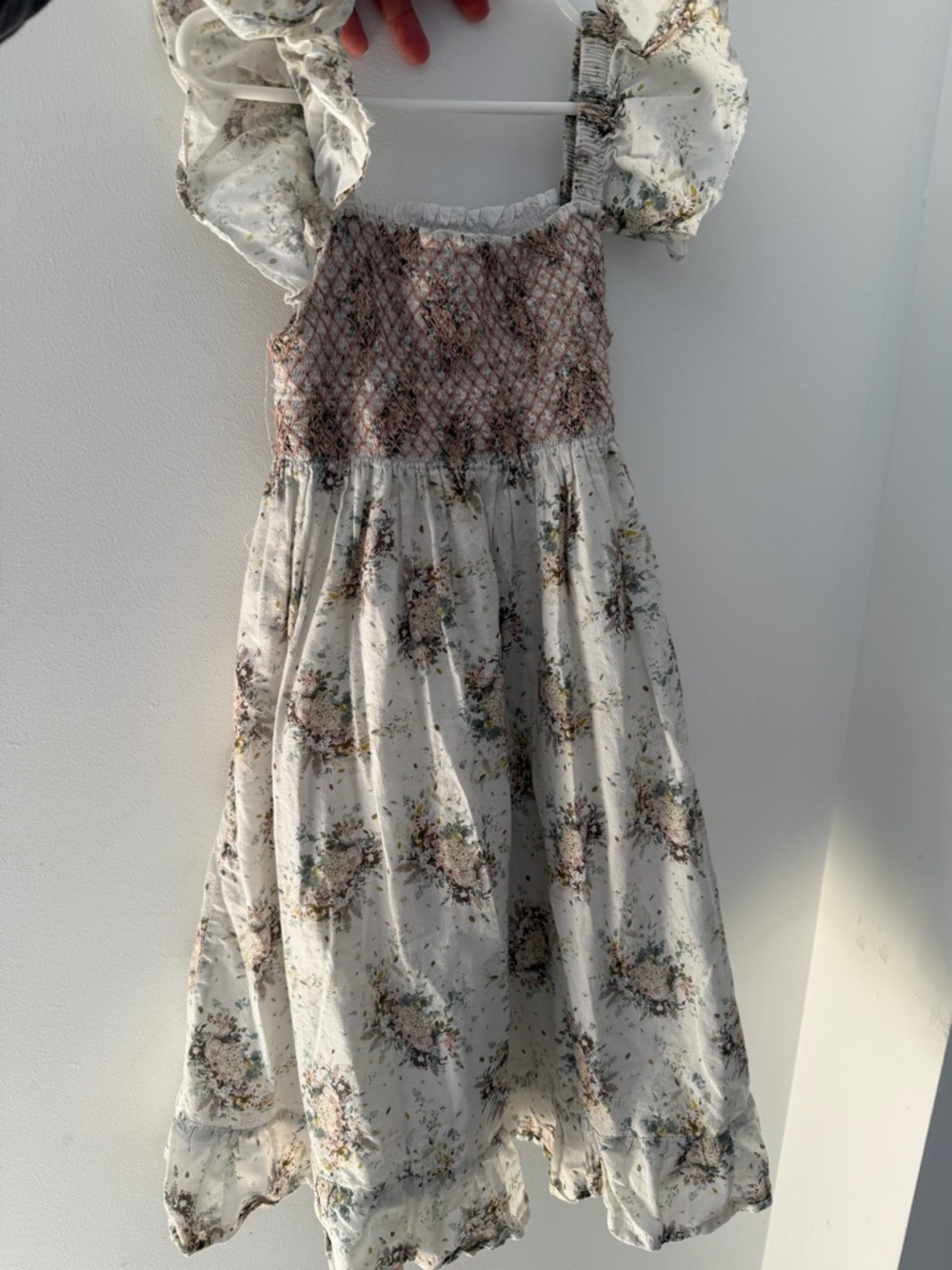Girls White Floral Smocked Casual Dress with Puff Sleeves
